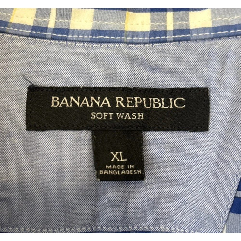 Banana Republic Shirt Mens XL Blue White Plaid Soft Wash Button Up Long‎ Sleeve